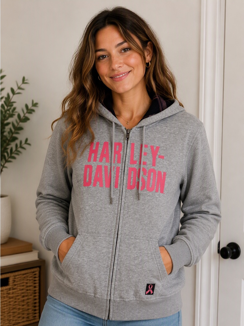 Harley-Davidson Gray Zip Hoodie with Pink Logo